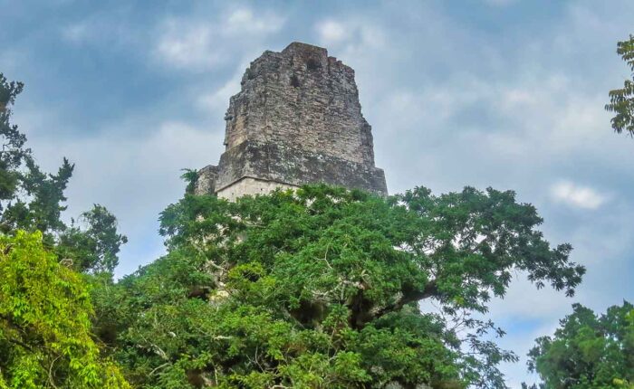 Astonishing view of the ancient Tikal Mayan pyramids amidst lush jungle, gateway to more hidden ruins in Guatemala.