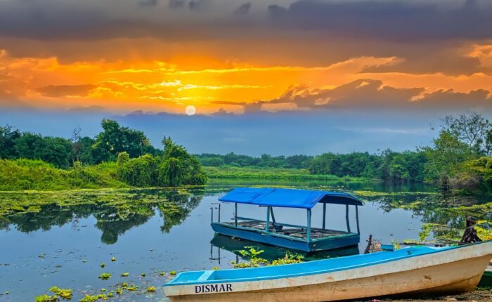 Spectacular tropical forest scenery along the San Pedro River in Guatemala, bathed in the warm hues of a breathtaking sunset.