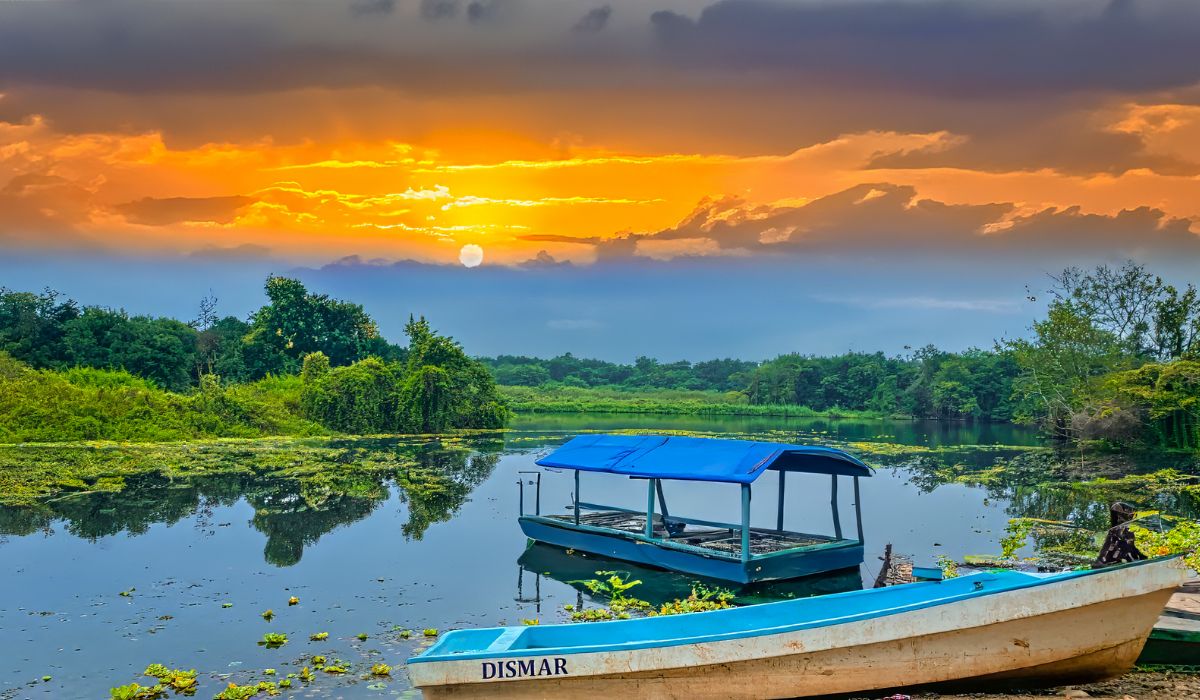 Spectacular tropical forest scenery along the San Pedro River in Guatemala, bathed in the warm hues of a breathtaking sunset.