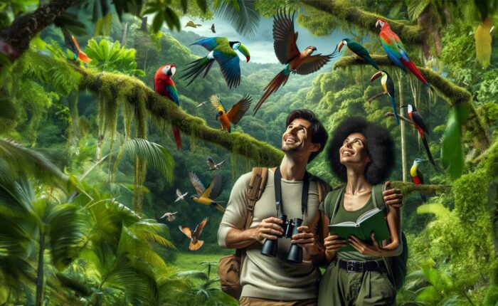 A happy couple during a Birdwatching immersion in a tropical destination.